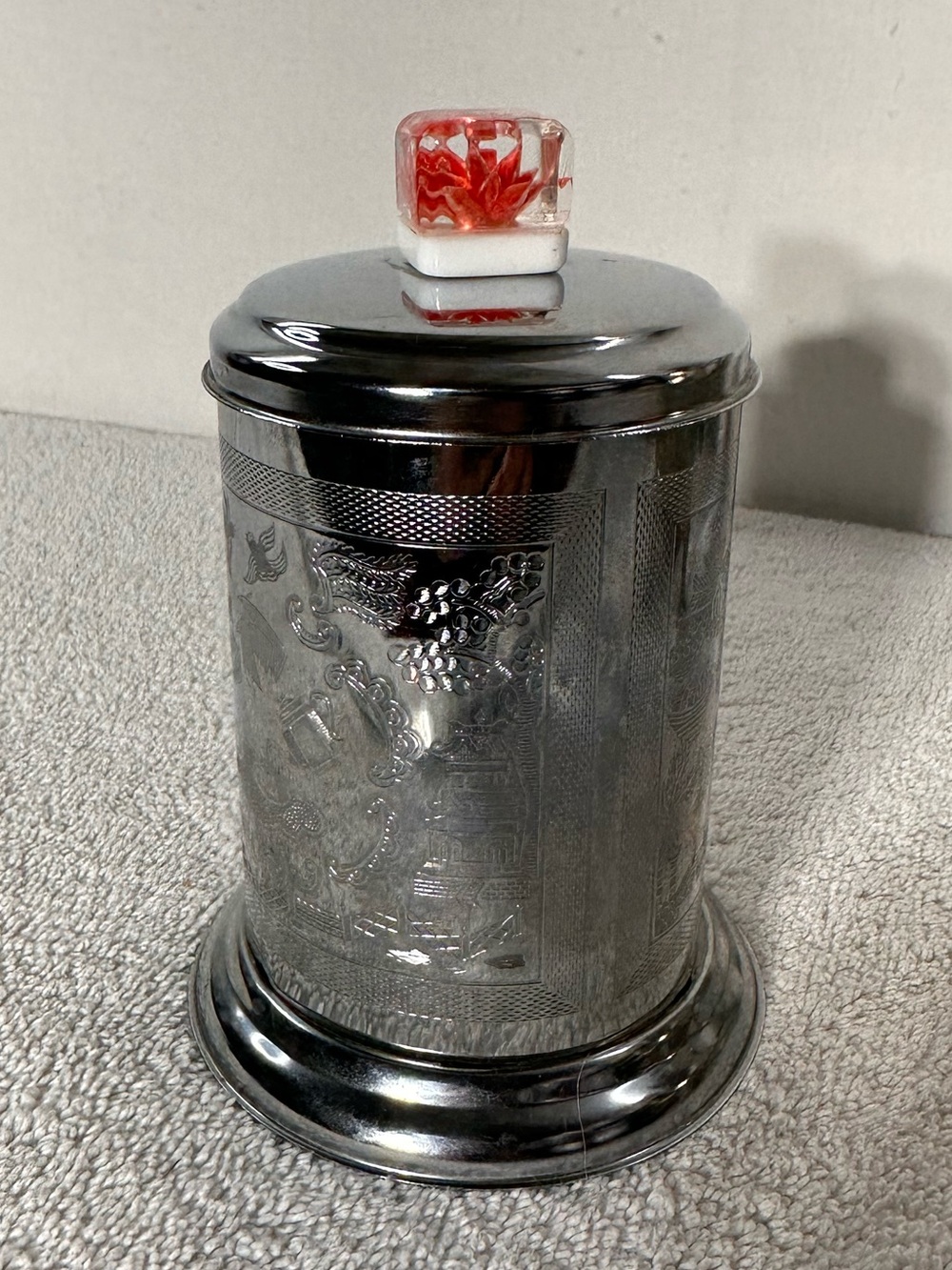 Vintage Mid Century Chrome Tea Caddy Canister Pagoda Willow Lucite Flower Tin